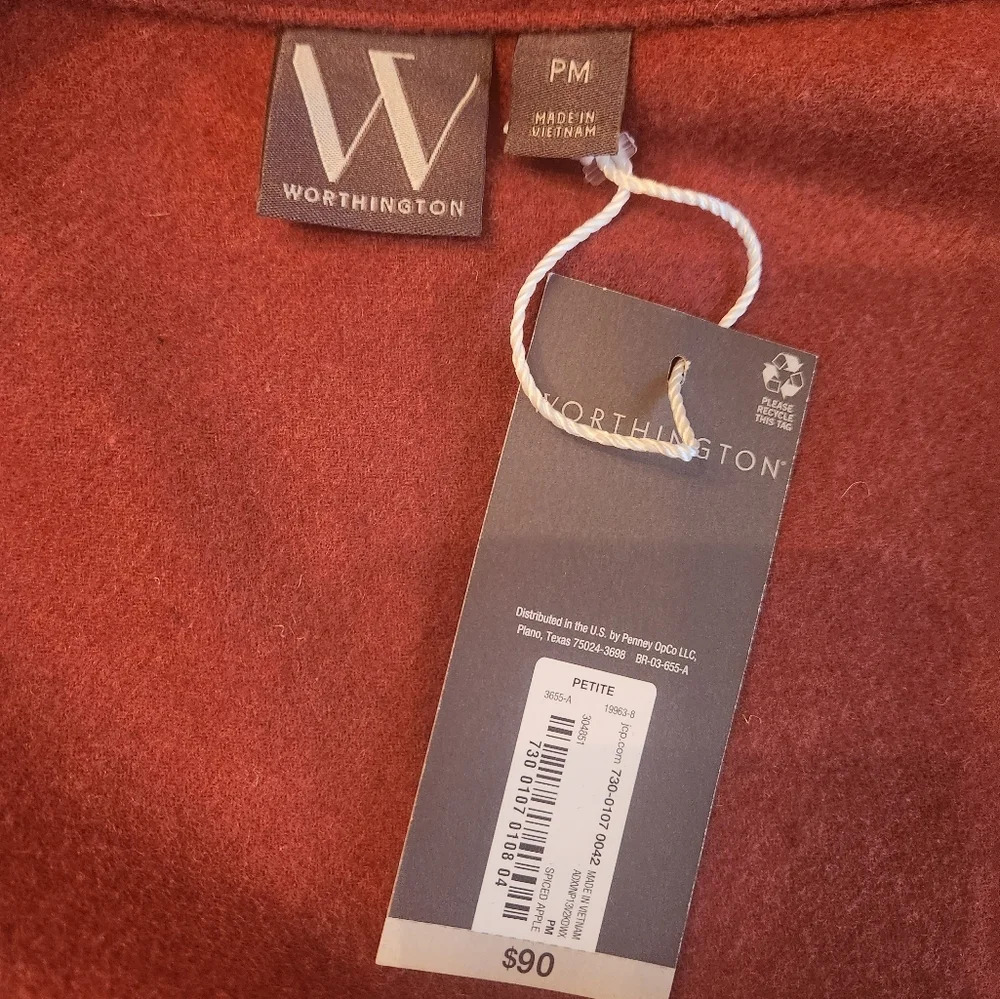 NWT Petite Medium Copper Red Tie Pea Coat With Pockets by Worthington - Picture 9 of 10